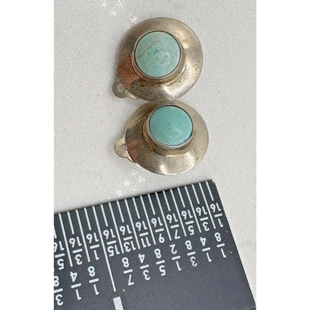 Vintage Sterling Silver Modernist Saucer Bezel Set Stone Clip-on Earrings .5